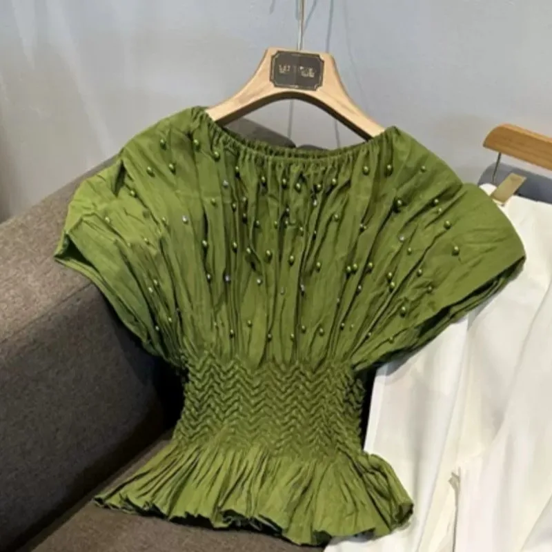  Pleated Beaded T-Shirt 2026 New Round Neck Waist-Cinched Short Sleeve Top Women's Simple Elegant No-Iron Travel Clothing