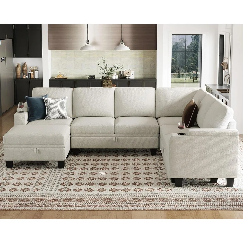 L-shaped segmented sofa with lounge chair. The living room can be converted into a corner segmented sofa. Beige sofa