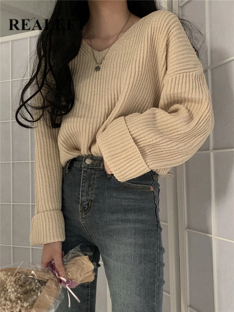 

REALEFT Autumn Winter Loose Women's Sweater 2023 New Puff Sleeve V-Neck Sweaters Solid Ladies Knitted Casual Pullover Female