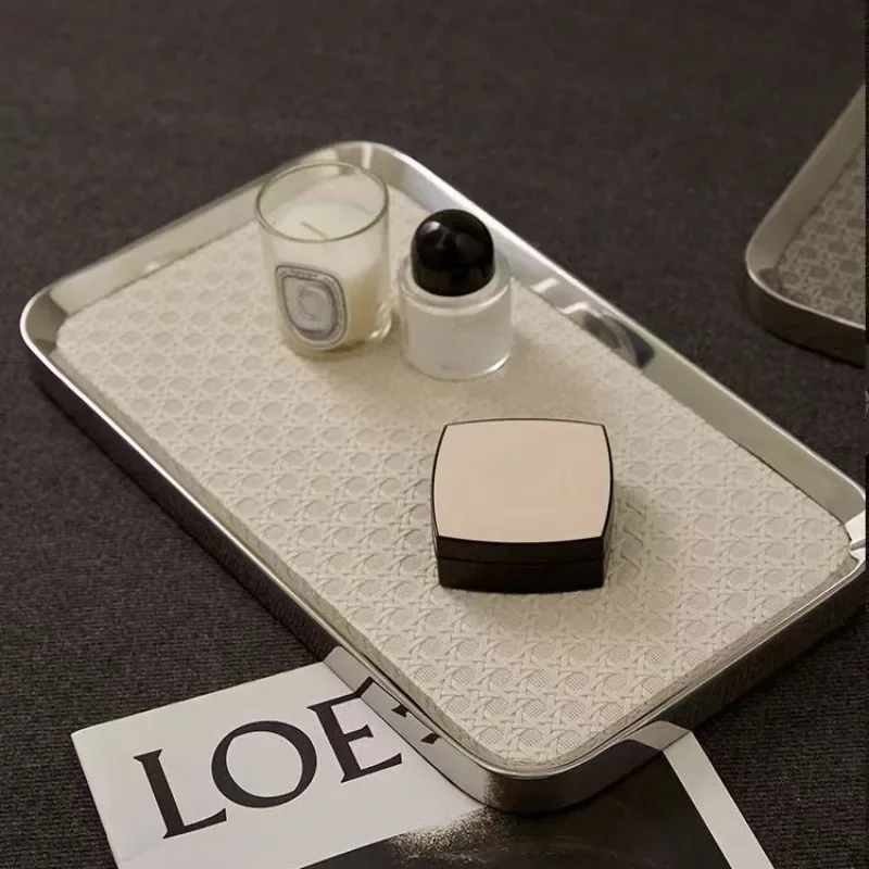 Modern Light Luxury Braided Leather Tray Stainless Steel Decorative Pallet Jewelry Coffee Cup Desktop Storage Home Decorations