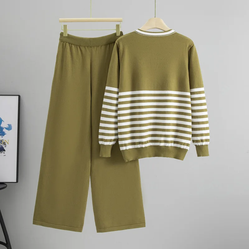 Primavera outono de malha 2 peça define feminino com decote em v listrado causal cardigan topo coreano solto cintura alta calças retas outfit novo b668