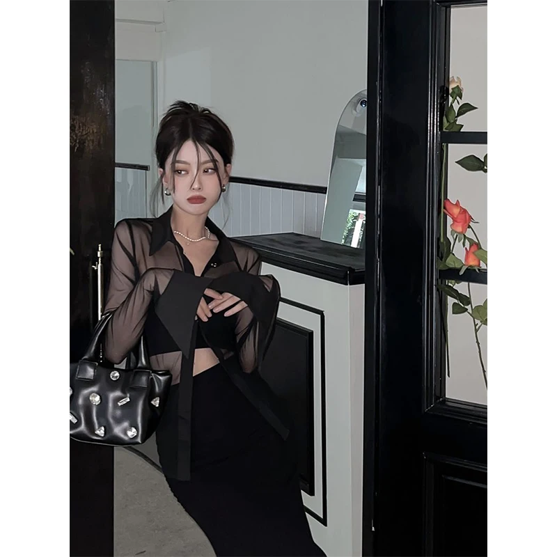 MEXZT Y2K Mesh Sheer Shirts Women Sexy Black See Through Blouses Summer Korean Fashion Aesthetic Long Sleeve Slim Chic Tops New