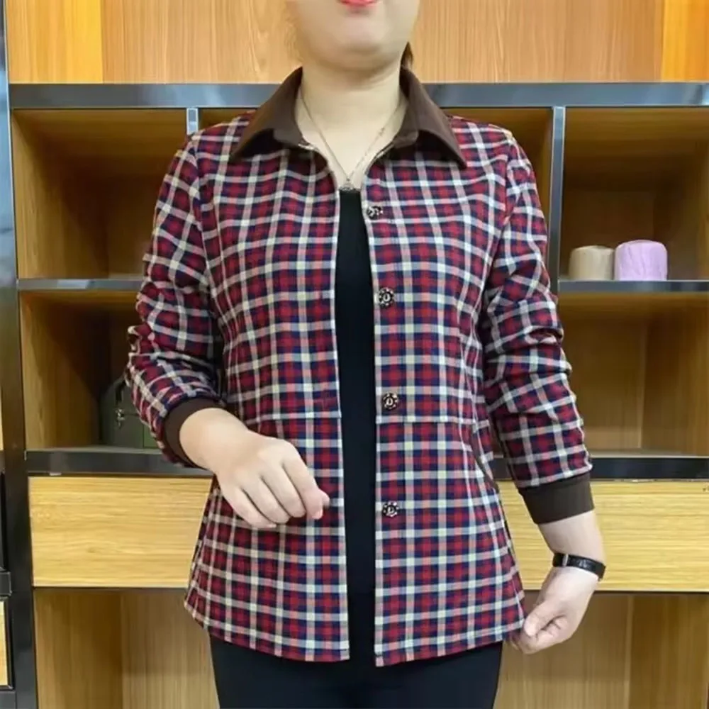 

Spring Autumn Middle Aged Mother Long Sleeves Grid Jacket Feminine Fashion Patchwork Outerwear 2025 Ladies Large Size 5XL Coat