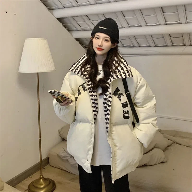 2025 Autumn Winter New Vintage Love Cotton-Padded Jacket Women's Overcoat Thick Warm Parker Coat Loose Printed Bread Clothing