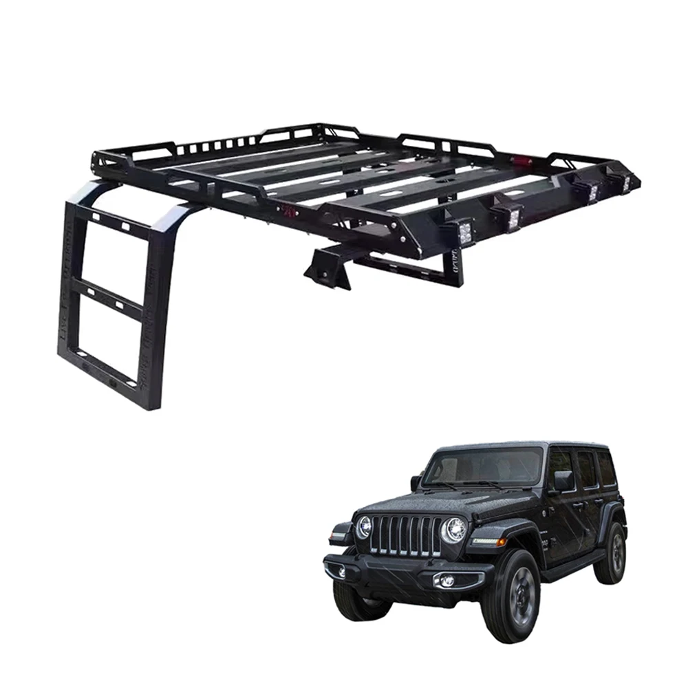 Steel or Aluminum Roof Rack With Climbing Ladder for Jeep Wrangler JK JL 2007-2024 Off-road Luggage Rack Without Light