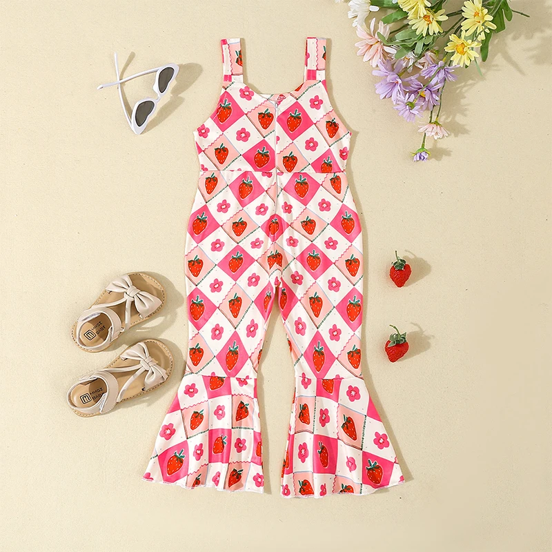 Toddler Girl Flower Print Bell Bottom Jumpsuit Square Neck Sleeveless Flare Pants Romper Baby Summer Overalls