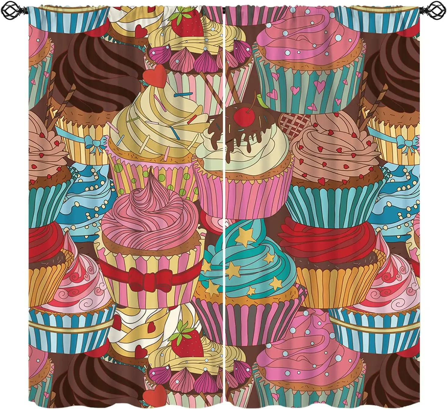Vintage Cupcake Curtain 2 Panels, Mixed Frosting Fruit Ribbon Star Dense Pattern Brown Base For Girls Bedroom Decor Curtain