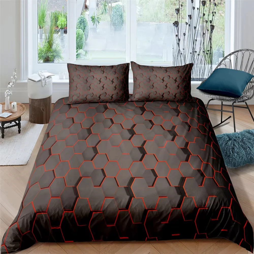 Geometric Duvet Cover Set Twin Queen Size Honeycomb Bedding Set Comforter Cover Hexagonal Grid Comforter Cover for Teens Men