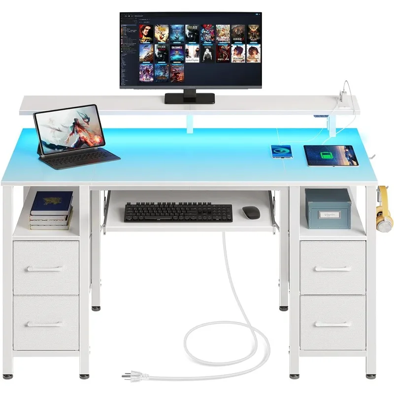 

Computer Desk 47.2" with LED Lights & Power Outlets, Home Office Desks with 4 Drawers, Writing Table with Keyboard Tray