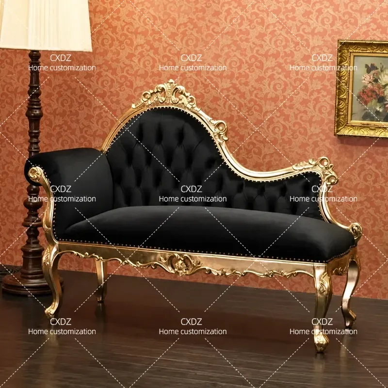 French Neoclassical Solid Wood Carved Flower Armchair Black Velvet Fabric Button Tufted Sofa Chair for Living Room Beauty
