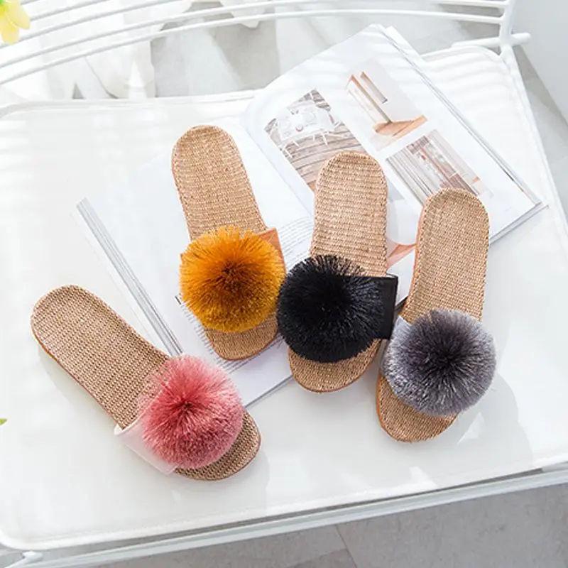 Linen Platform Slippers Women Home Hairball Designer Shoes Girls Fashion Casual House Elegant Slippers Flats Open Toe Indoor