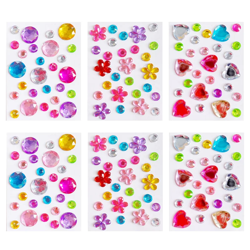 6 Sheets/Set Diamond Self Adhesive Acrylic Rhinestone Sticker Love Heart/ Round/ Flower Shape Handmade DIY Stickers Decoration