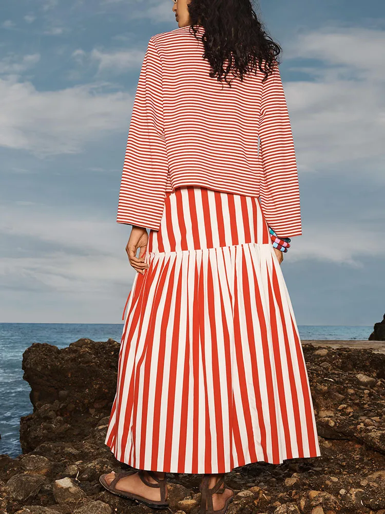 Faionable  Knot Stripe Midi Skirt Women's New Arrival Slimming mid Waist Summer 2025 Trendy Ethnic Stage Costume