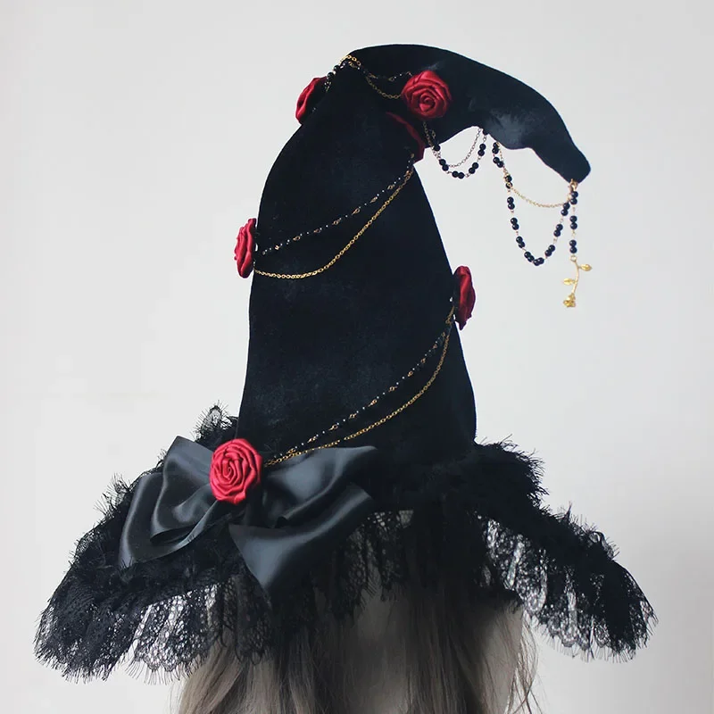 Modern Handmade Rose Magic Hat Witch Black Folds Wizard Halloween Fancy Adult Cosplay Cap Party Supplies Masquerade
