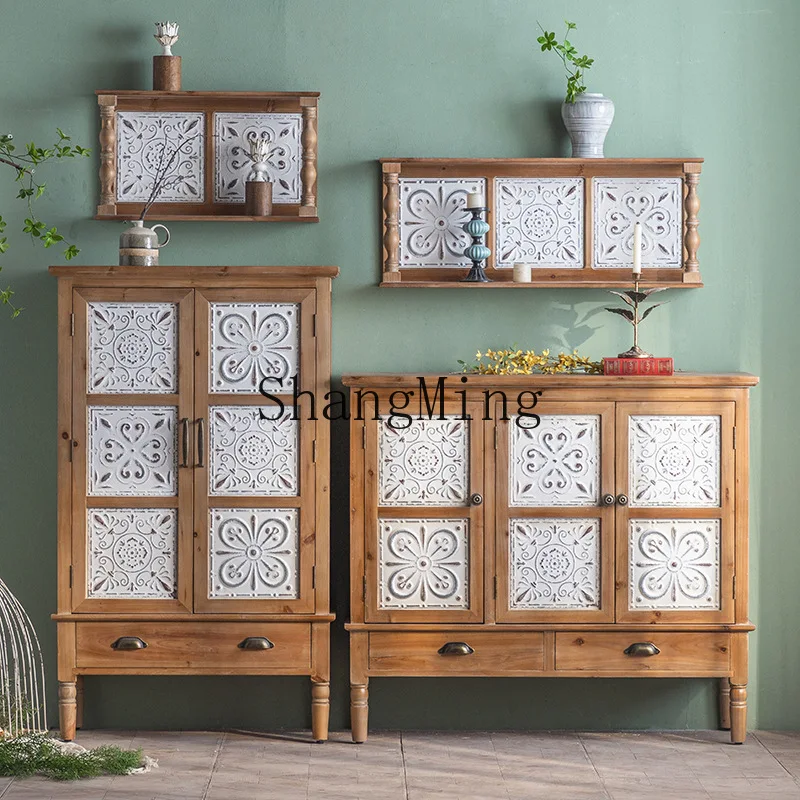 

SM retro solid wood porch cabinet multi-layer engraving with door dining side living room storage locker