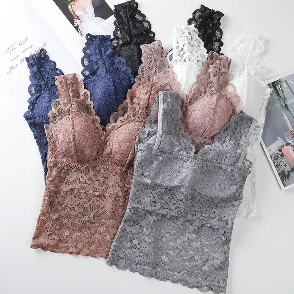 Lace V-neck Padded women Brassiere See-through Push Up Camisole Top summer thin Beauty Back Lady Crop Top Elegant Bra Vest Camis