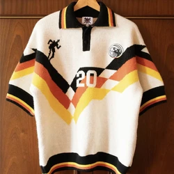 American Streetwear HOUSE OF ERROR Football Suit Style Eye Truth Contrast Color Jacquard Polo Collar White Short Sleeved Sweater