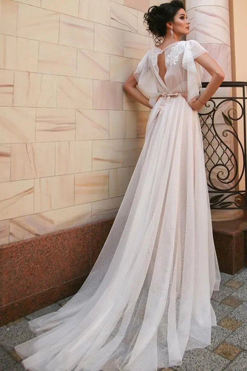 보헤미안 웨딩드레스 섹시 오픈 백 레이스 아플리케 도트 튤 브라이덜 가운 벨트 포함 공주 로브 파티 드레스 플러스 사이즈