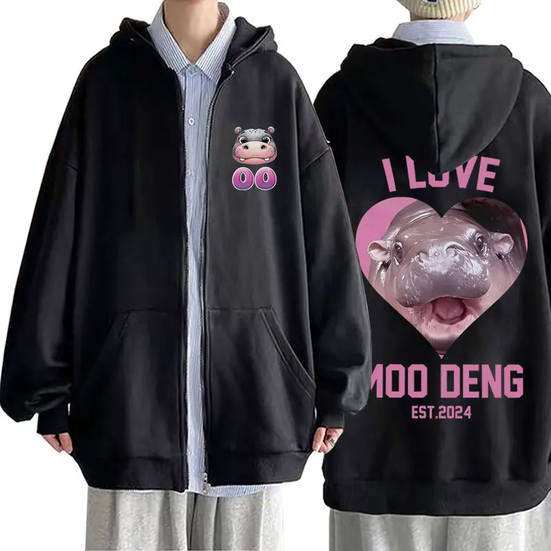 Eu amo Moo Deng Hoodie Meme Zipper engraçado, Baby Hippo Print, jaqueta com zíper para homens e mulheres, moletons de algodão, moda casual