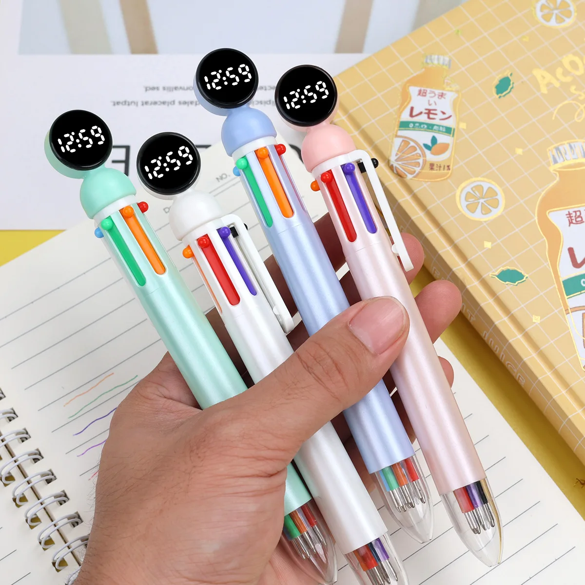 LED Silent Clock Multifunctional Stationery Pen Watches College Style Exam Multi-Color Click Ballpoint Pen School Student Gift