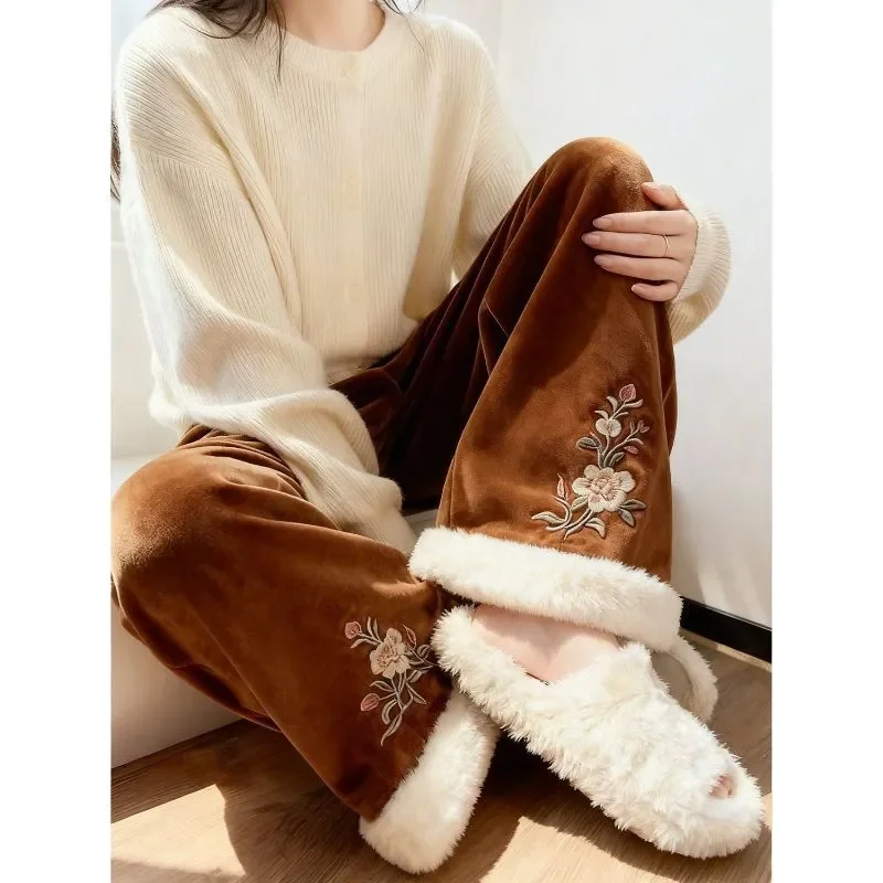 Winter New Chinese Style Fashion Style Relaxed Generous Gold Velvet Warm Wide-leg Pants