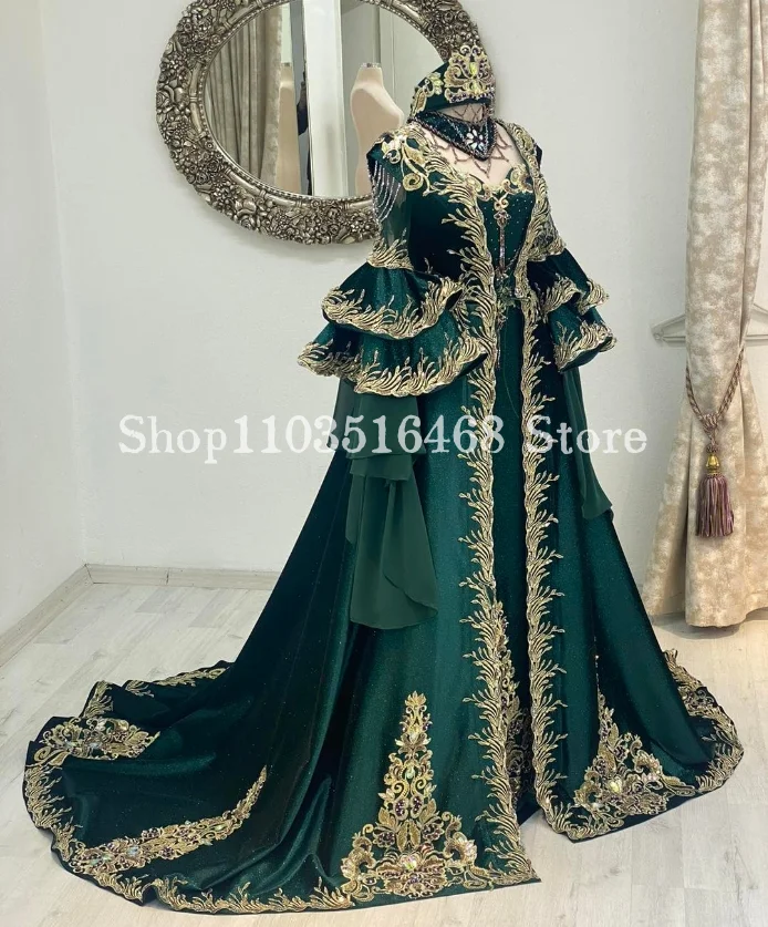 Emerald Green Middle East Evening Dresses Luxury Applique Embroidery With Placket Long Sleeve A-Line Long Customised Marocca Rob