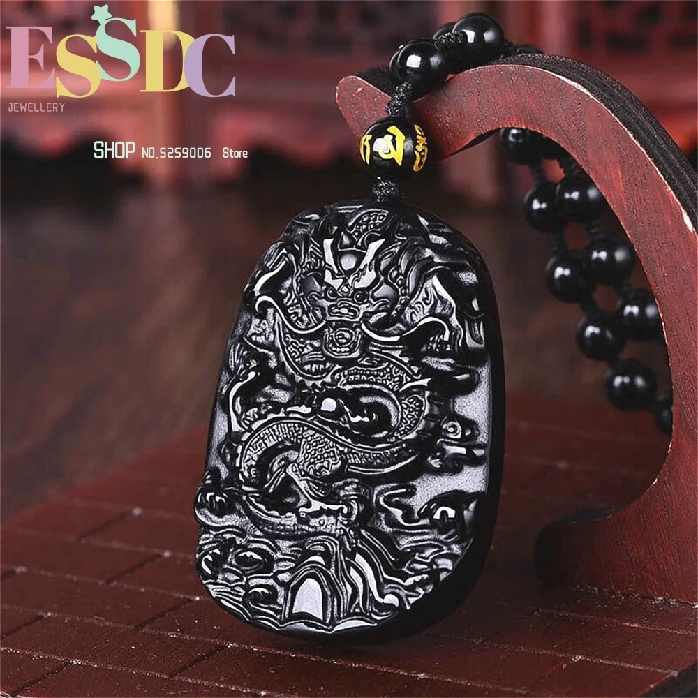 حجر السج الأسود الطبيعي قلادة على شكل تنين الخرز قلادة موضة سحر المجوهرات منحوتة باليد محظوظ تميمة هدايا لها النساء الرجال