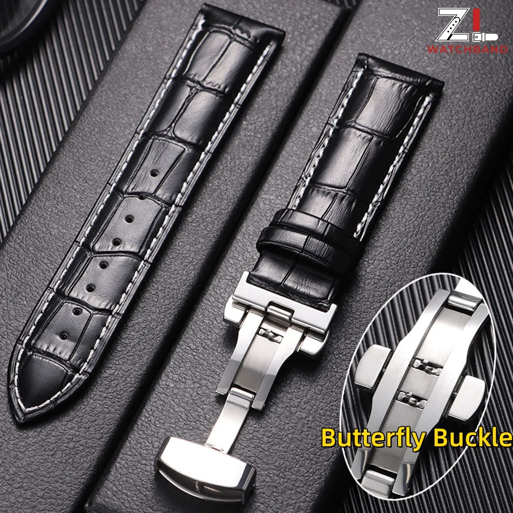 Genuine Calfskin Leather Watchbands Replace Bracelet 12/13/14/15/16/17/18/19/20/21/22/23/24mm Butterfly Buckle Wristwatch Straps