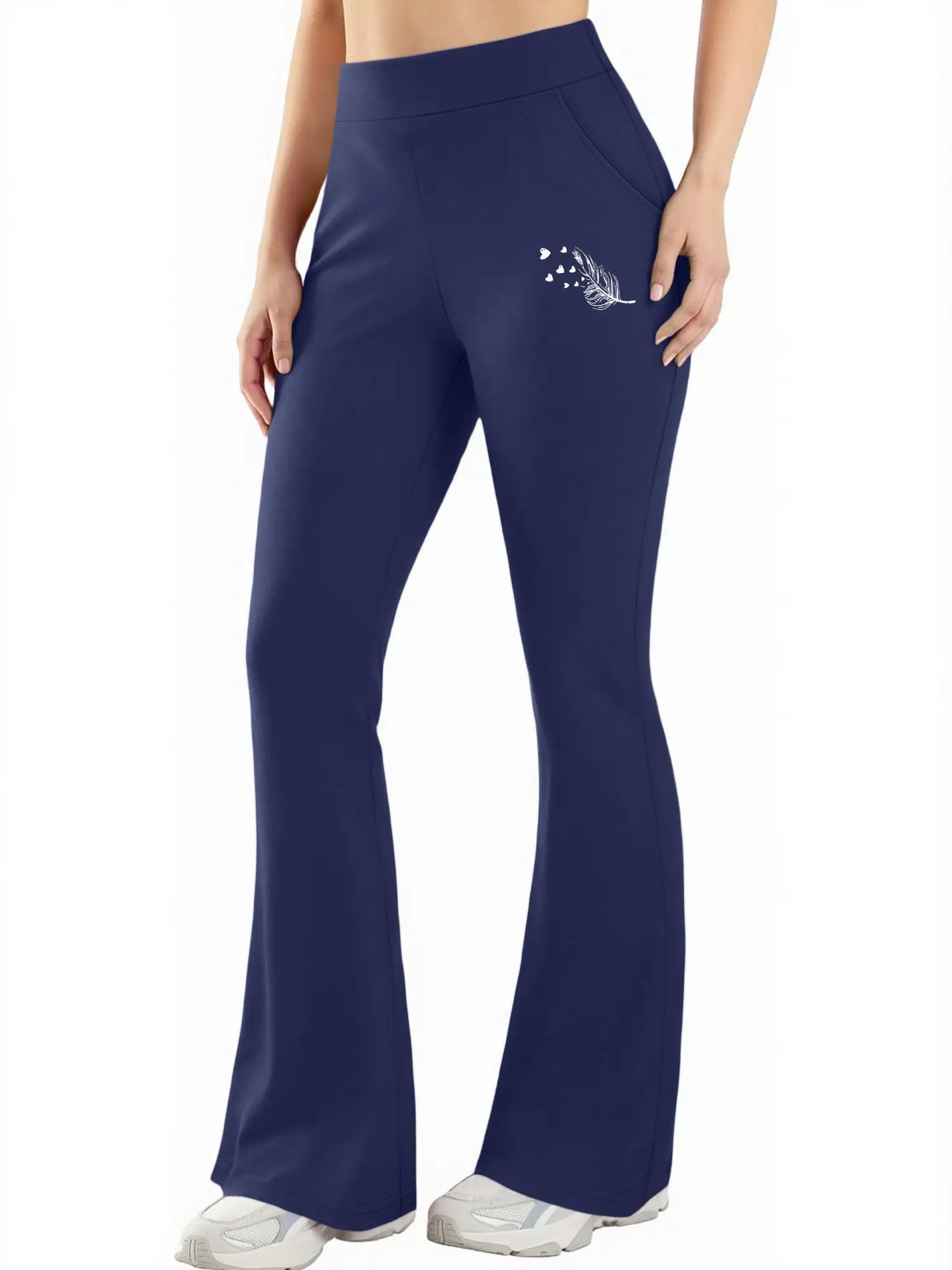 Elegant Minimalist White Feather Tiny Floating Hearts Sketch Print High Waist Flared Pants Slim Elastic Ladies Bell Pants