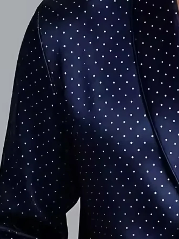 Men Fashion Satin Polka Dot Shirt Shawl Lapel Wrap V Neck White Trim Cuff Long Sleeve Elegant Wedding Club Formal Dress Top