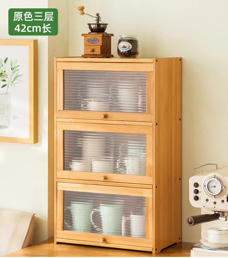 Natural Bamboo Storage Cabinets Dustproof Acrylic Doors Cup Holder Tea Set Display Kitchen Organizer Dining Room