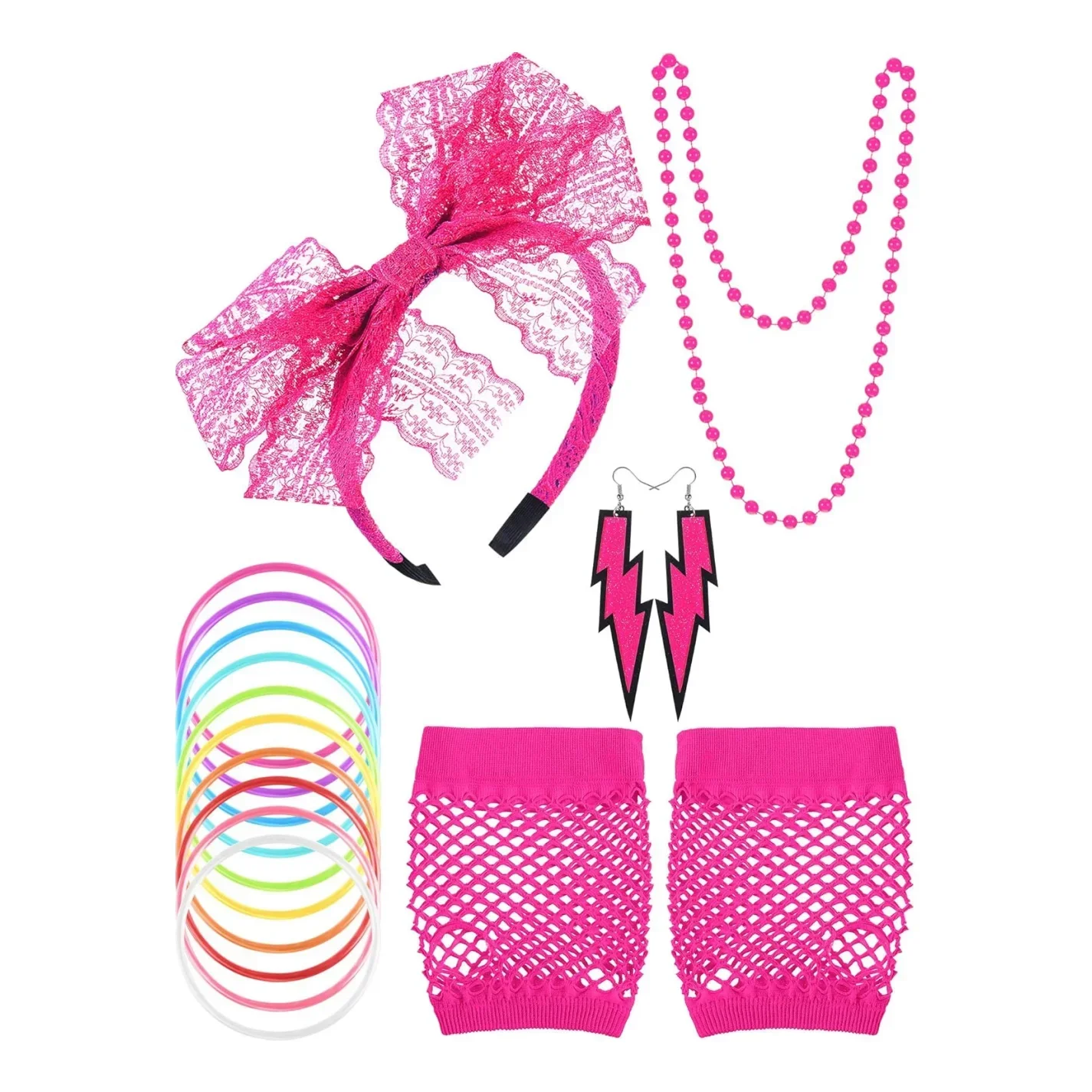 Vrouwen jaren '80 Kanten Hoofdband Party Set Accessoires Retro Party Kostuum Set Volwassen Handschoenen Kralen Ketting Armband Oorbellen Accessoire