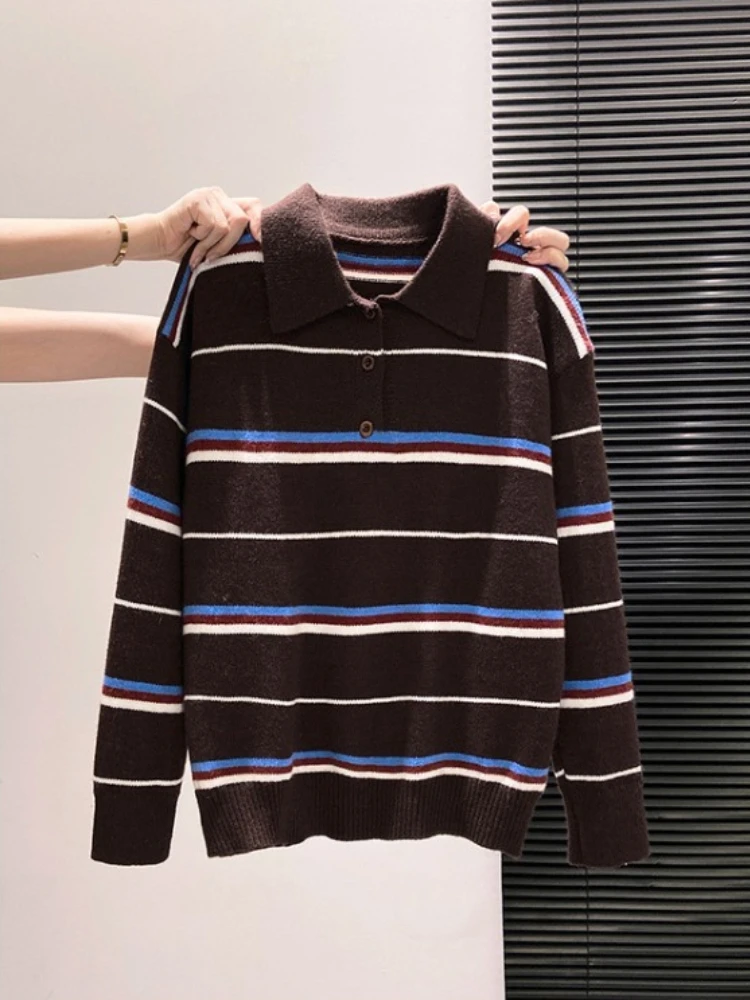 الخريف والشتاء موضة جديدة المرأة أنيقة البلوز سترة مع الراقية تصميم تحسس بولو التلبيب مخطط المتناقضة سترة