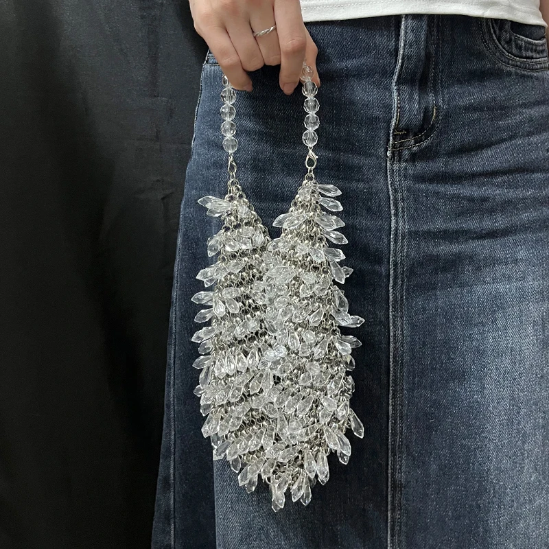 Fashionable new rhinestone bucket bag, dinner crossbody bag, hand woven bead imitation crystal high-end handbag