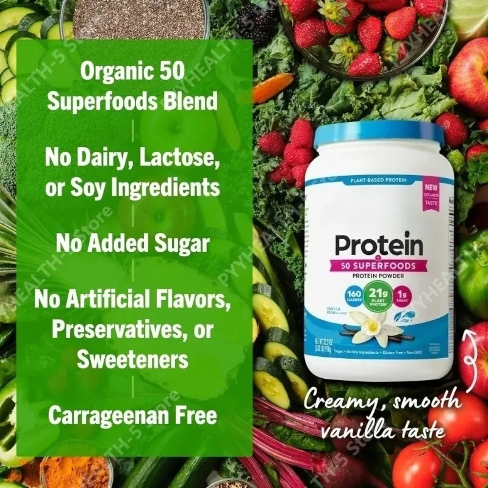 

Plant Based Protein Powder 2.02lb Vanilla Bean, 21g Vegan Protein 50 Superfoods, Gluten Free Non-GMO Fitness Shake 24 Servings