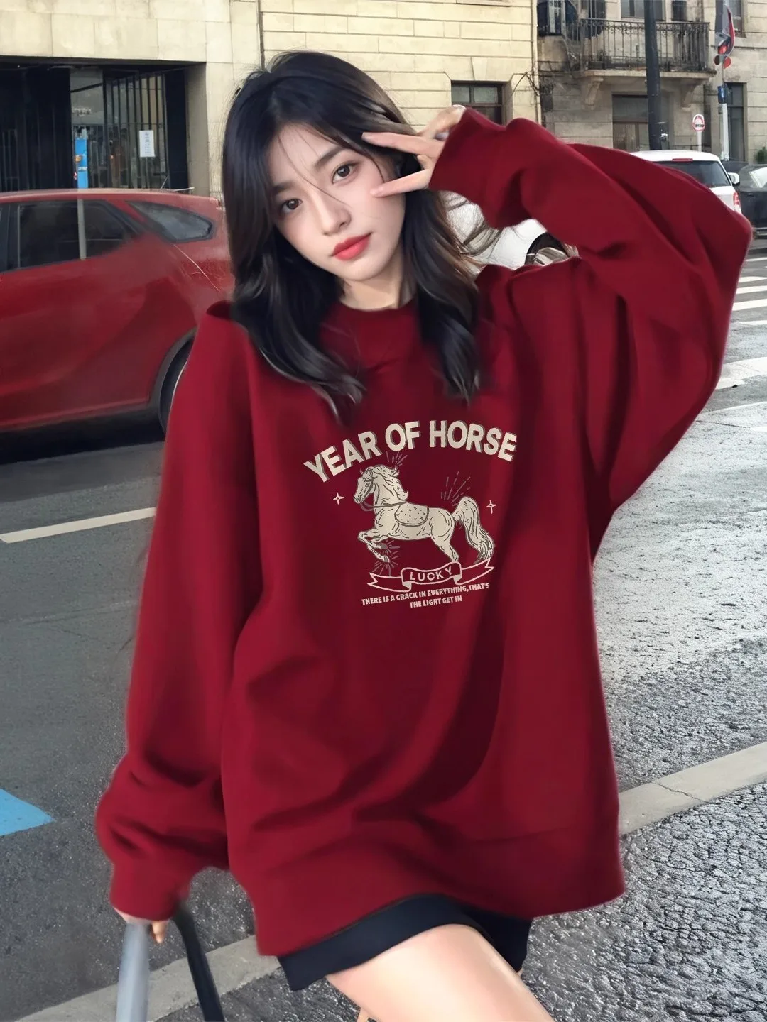 

Толстовка с капюшоном больших размеров, с круглым вырезом, утепленная, повседневная, свободного кроя, для мужчин и женщин, осень-зима, с изображением китайского зодиакального животного Лошади