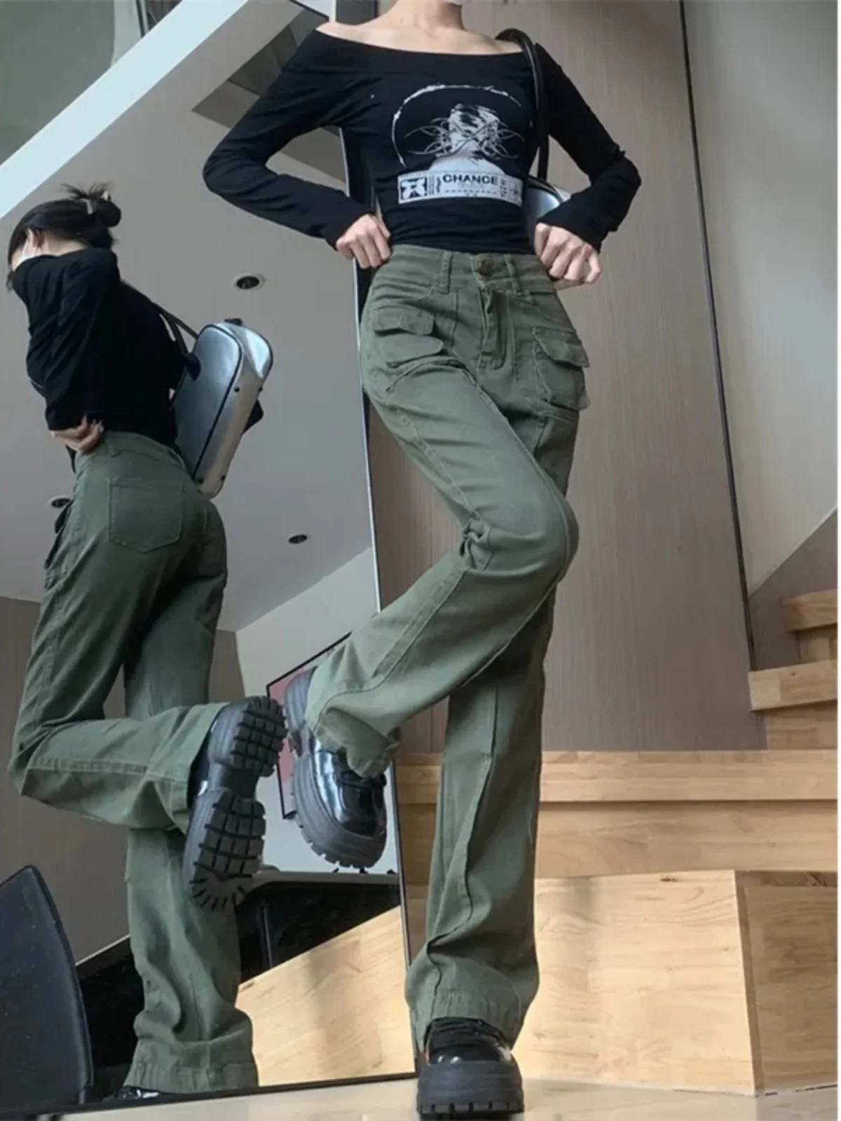 Women Army Green Cargo Jeans Baggy Harajuku Denim Trousers Y2k Flare Jean Pants 90s Aesthetic Vintage 2000s Trashy Clothes 2024