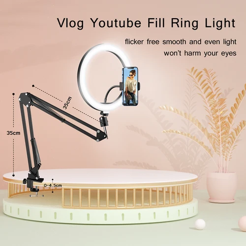 Imagen 2 del producto Iluminación LED de relleno circular, lámpara redonda, anillo de luz suave para Selfie con brazo largo, soporte para trípode para teléfono, anillo de luz para fotografía de maquillaje