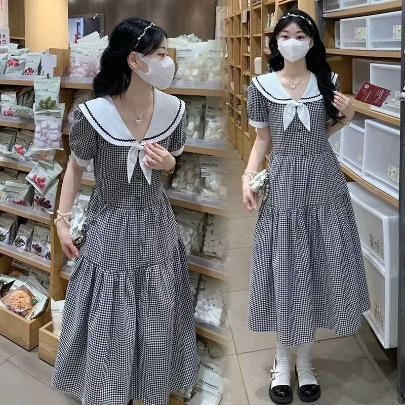 かわいいガールドレスルーズプラスサイズ学生カレッジスタイルガール甘いネイビーカラーオーバーニードレス夏の新しい Y2k ドレス