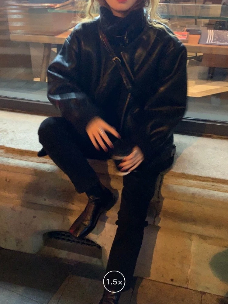 Heygirl clássico Thiened solto pele de cordeiro Jaet casaco de couro de motocicleta feminino Sli Commute Sle longo Sve Zipper Pure...