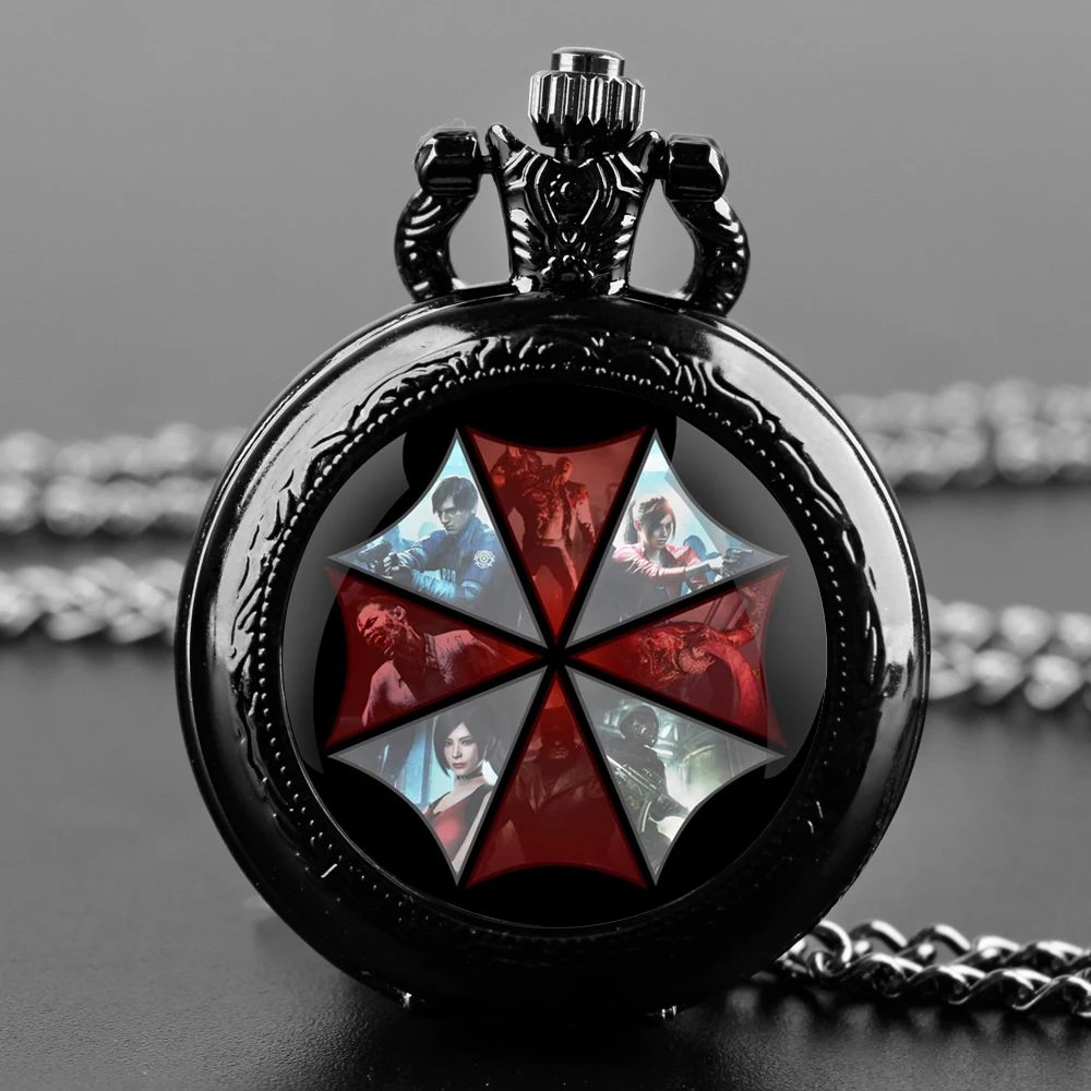 Black Stainless Steel Movie Resident Evil Glass Dome Quartz Pocket Watch Necklace Women Jewelry Pendant Chain Children