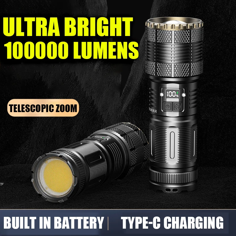 Super Bright 100000LM White Laser Flashlight with COB Tail Light Built-in 7800mah Battery Torch Outdoor Camping Emergency Lamp