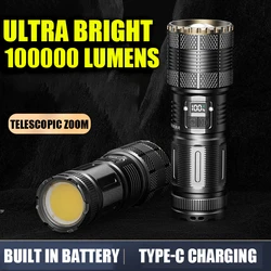 Super Bright 100000LM White Laser Flashlight with COB Tail Light Built-in 7800mah Battery Torch Outdoor Camping Emergency Lamp