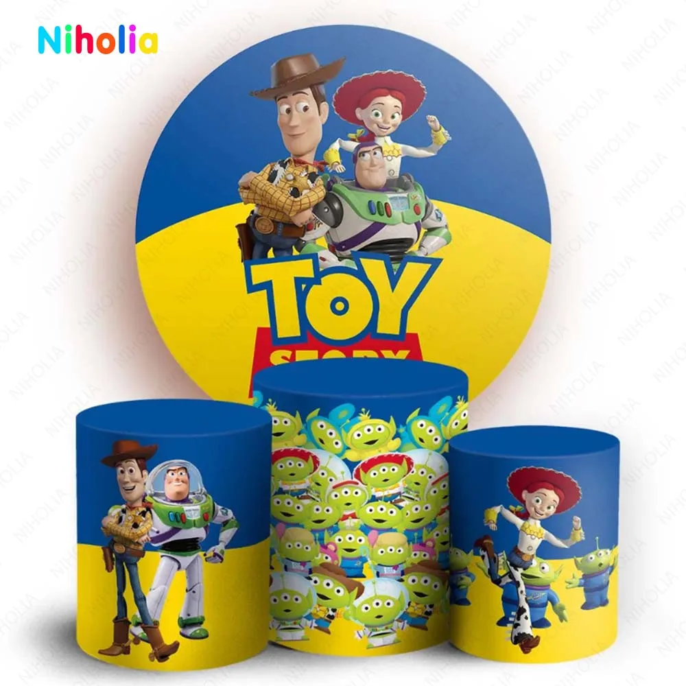 Disney Toy Story Round Backdrops Covers Boy Kids 1st Birthday Circle Background Decoration Baby Shower Cylinder Cloth Elastic