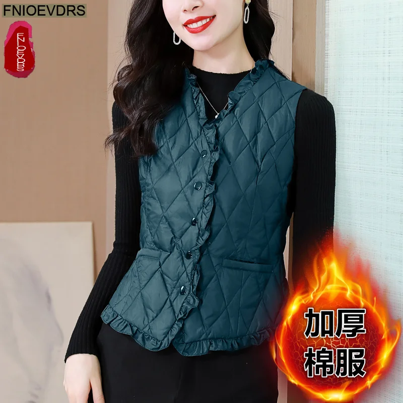 Short Vest Warm Women Coats Winter Outerwear Elegant Lady Thicken New Daily Winter All Match Tanks Top Ruffles Sleeveless Parkas