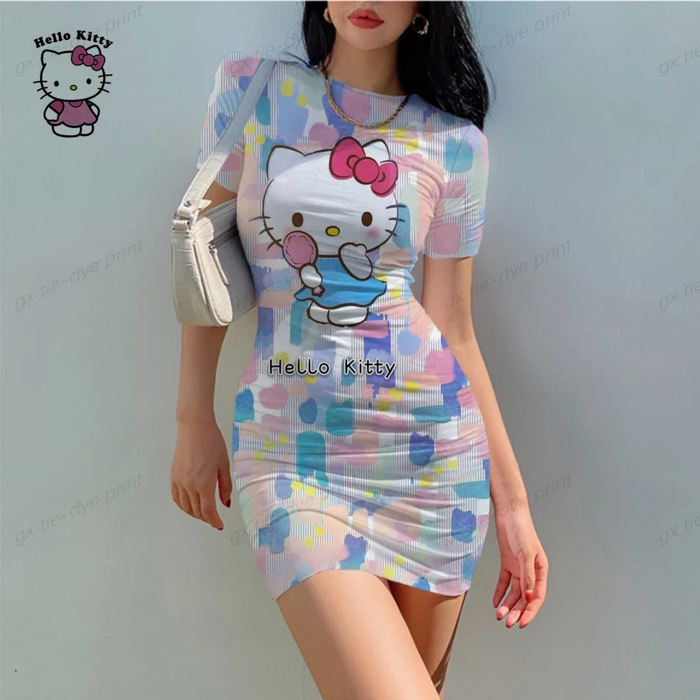 Summer Disney Hello Kitty Printed Girl Dress Short Sleeve Kids/Adult Parent-Child Dress Ladies Christmas Party Night Mini Dress