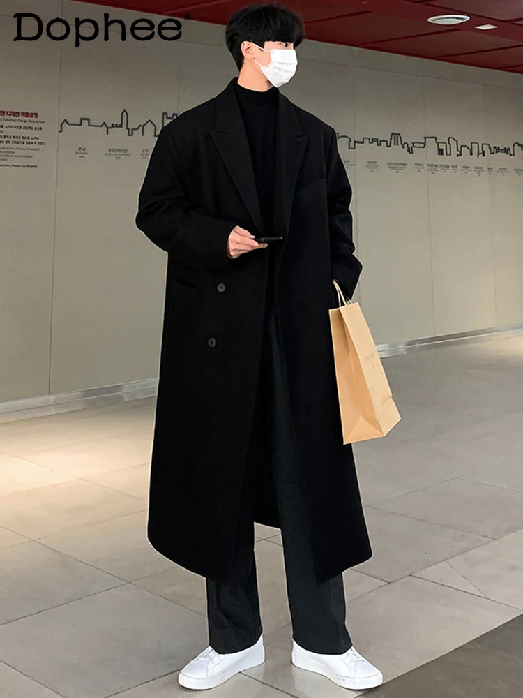 

Fashion Winter New Woolen Coat Men's Mid-Length Above The Knee Woolen Thick Loose Trench Coat Long Sleeve Solid Color Men's Coat