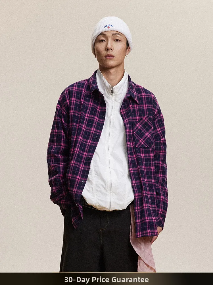

Trendy American Retro Color Block Plaid Long Sleeve Shirt Letter Print BF Collar Loose Fit Polyester Cotton Spandex Blend Aut...