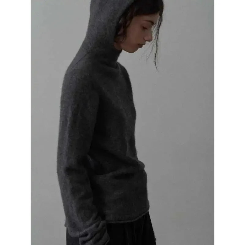 

Women's French White Wool Hooded Knitted Sweater Loose Fit Soft Autumn Winter Top