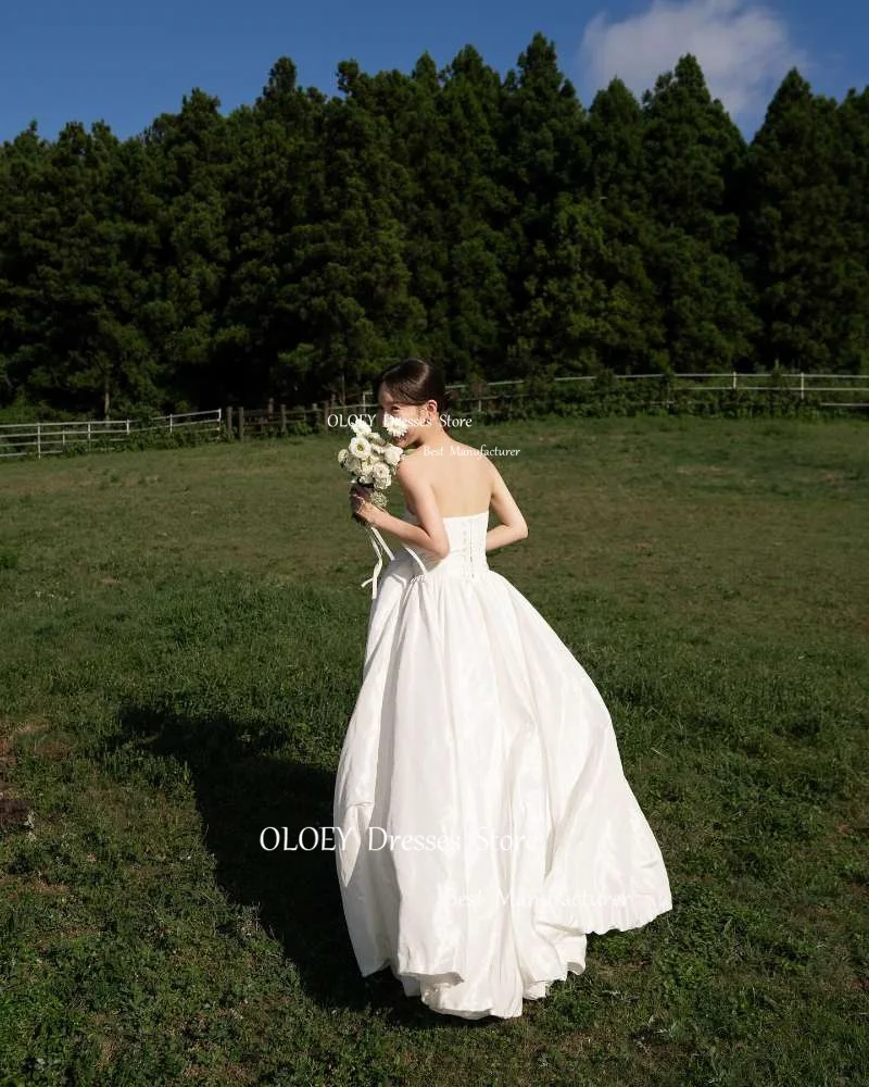 OLOEY-vestidos de novia de tafetán de línea A, simples, coreanos, sesión de fotos sin tirantes, hasta el suelo, corsé, espalda, vestidos de novia